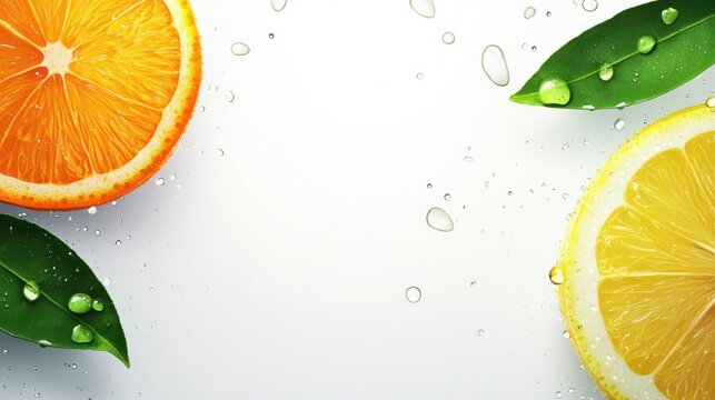 Fresh citrus slices with water droplets and leaves