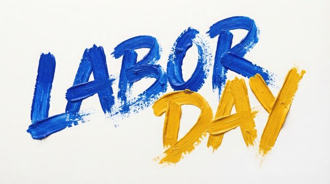 Labor day celebration brushstroke typography with blue and gold paint on white background