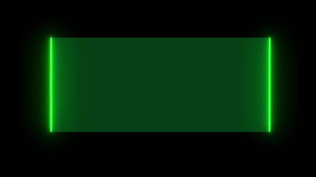 Glowing green neon rectangle frame on a black background Keywords: green, neon, frame, rectangle, animation