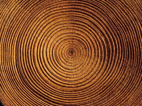 Tree trunk growth rings fill the frame in warm amber tones &mdash; a century of growth as a seamless concentric texture. Ideal for sustainability, artisan, interior design, and organic brand backgrounds.