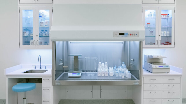 Sterile Pharmaceutical Compounding Laboratory with Laminar Flow Hood, Precision Preparation Equipment and Cleanroom Pharmacy Environment