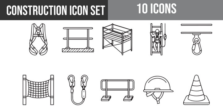 Construction icons set with 10 outline illustrations. A set of 10 line art construction icons including safety gear, tools, and equipment