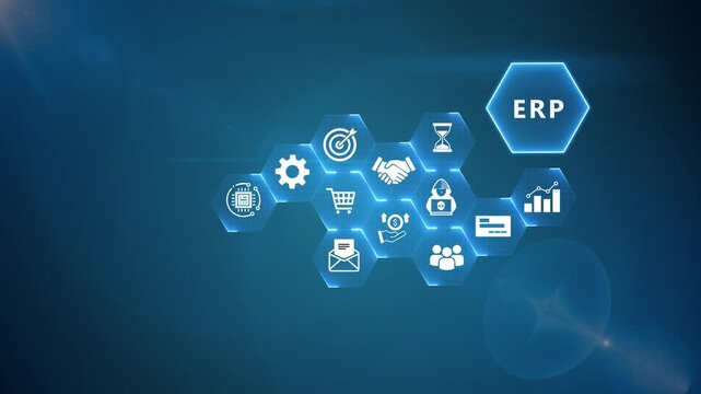 ERP Infographic Animation with Enterprise Resource Planning Icons and Digital Business Technology on Blue Background 4k visuals