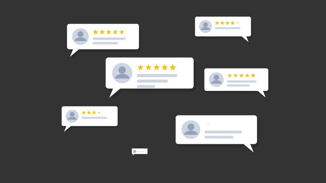 Customer Feedback and Review Stream Concept. Animated graphic showing user feedback bubbles and stars flowing on a digital background. Ideal for e-commerce, marketing, and business analysis