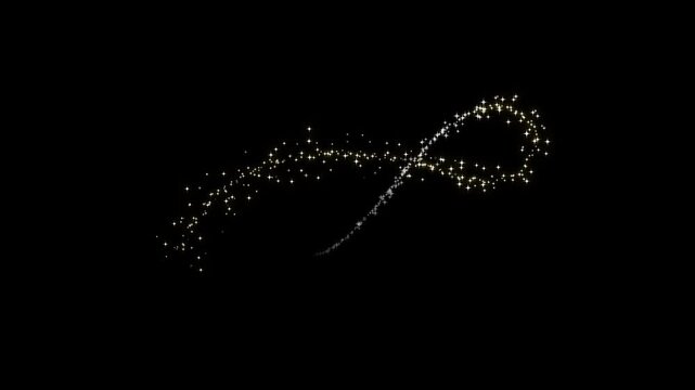 Twinkling white and golden glitter star trail animation with sparkling magic dust particles, fairy light line, smooth glow burst, flat cartoon vector doodle overlay on black screen, looping 4k video