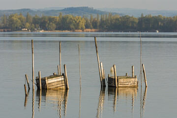 Obraz premium Wooden fish traps on Lake Constance, Iznang, Hoeri Peninsula, Germany