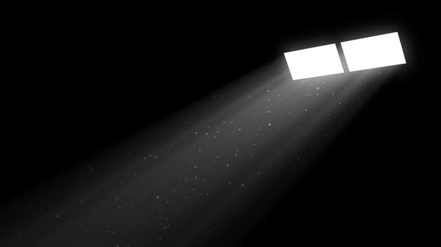 Volumetric light beam shining through a square window. White monochrome god rays with floating dust particles overlay on black background.