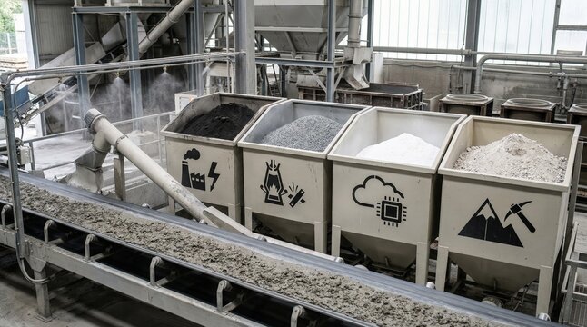 Closeup medium shot of labeled bins containing diverse supplementary cement materials next to a conveyor belt in a sustainable concrete pipe factory.