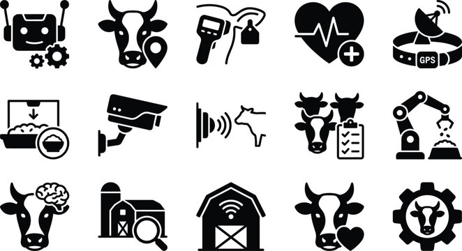 Modern black and white agricultural and veterinary technology icons set