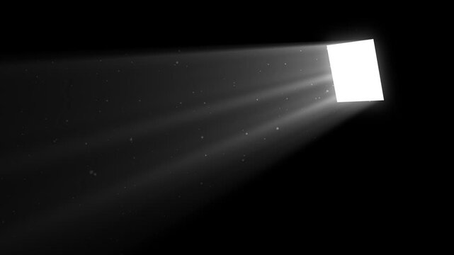 Volumetric light beam shining through a square window. White monochrome god rays with floating dust particles overlay on black background.