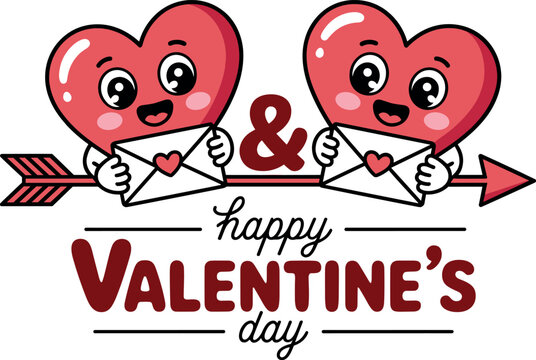 Happy Valentines Day greeting card design with two cute cartoon heart characters holding love envelopes and cupids arrow vector illustration