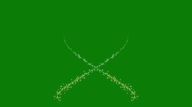 Enchanted glitter star line animation with sparkling fairy dust particles, glowing heart-shaped twinkles, magical shimmer trail, cartoon doodle vector overlay for chroma key green screen background 4k