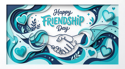 Naklejka premium Happy friendship day decorative banner with paper cut heart elements, handshake