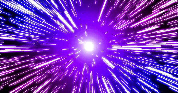 Vibrant blue and purple light streaks radiate from a glowing center, forming a dynamic hyperspace warp speed tunnel effect.