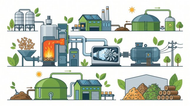 Biomass pellets burn, generating steam for turbines and electricity
