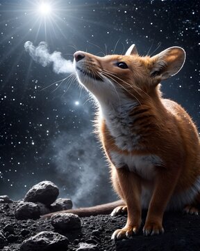 A dhole rat genetic hybrid experiment ai-generated, fictional species   in a space asteroid with galaxy background