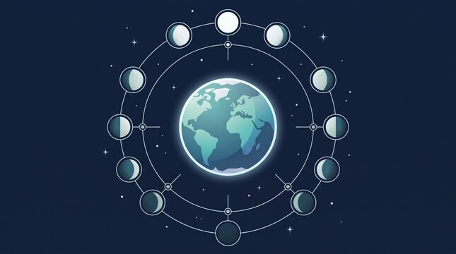 Moon Phases Diagram with Earth Vector Illustration in Starry Space Background