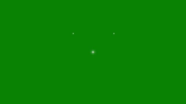 Shiny glowing star animation, sparkling white twinkle lights, magical fairy sparkle particles, festive holiday decoration overlay, cartoon vector effects, green screen background, seamless loop, 4K