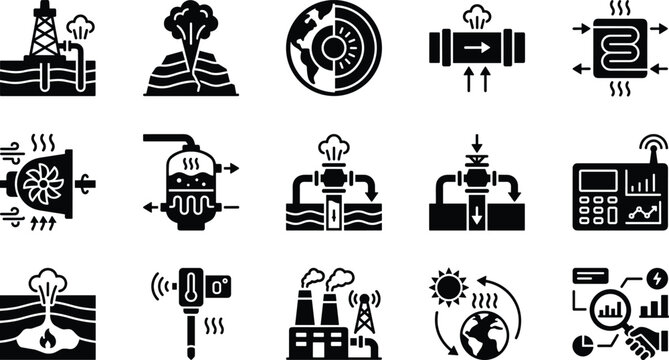 Set of energy and industrial process icons in black and white style