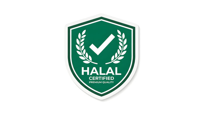 Halal Certified Premium Quality Badge Vector Illustration with Green Shield and Laurel Wreath