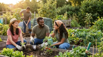 Obraz premium Diverse people working in community garden
