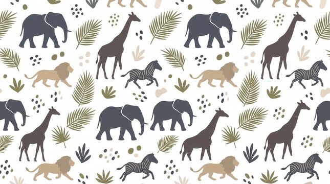 A repeating design of African savanna animals with green leaves on a white background