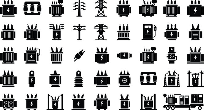Collection of electrical transformer icons, high voltage power distribution, energy infrastructure, industrial equipment vector set.