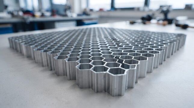 Large aluminum honeycomb core panel on laboratory table industrial manufacturing technology research and development geometric metallic grid pattern perspective view engineering facility.