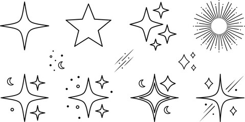 Sparkling star and sunburst vector icons set with celestial sparkle shine twinkle magic elements linear outline design © MdShakib