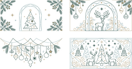 Fototapeta premium Christmas Festive Line Art Elements Set with Ornaments, Pine Branches, Reindeer, and Holiday Trees