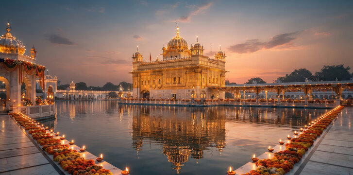 The golden temple of amritsar, sri harmandir sahib, illuminated by glowing oil lamps and marigold flowers at sunset, reflecting in the sacred pool of water
