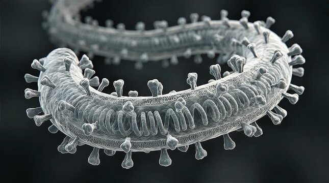 3D illustration of Ebola virus particle, close up of filamentous viral structure microscopic view