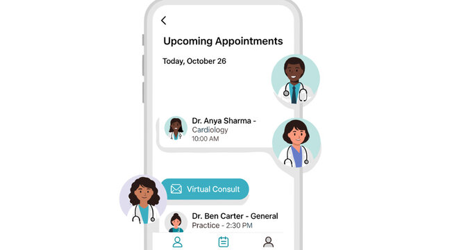 Mobile application interface showing a list of upcoming medical appointments with doctor avatars.