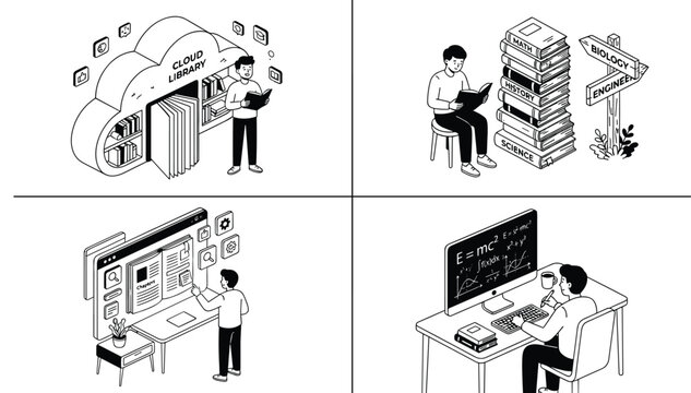 Online education isometric vector concept set with cloud library e-learning computer studying student reading and book stacks
