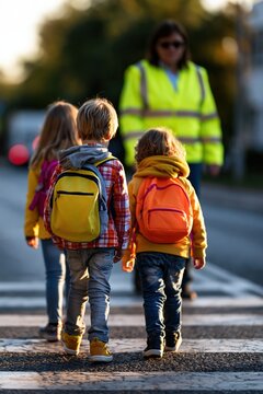 Children crossing road to school with crossing guard on sunny morning