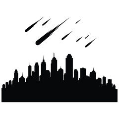 City skyline vector silhouette illustration with falling meteorites on white background line art. © MDRAYHAN
