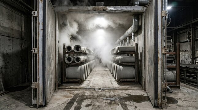 View through the open door of a steam curing chamber revealing rows of concrete pipes emphasizing industrial process and ventilation dynamics.