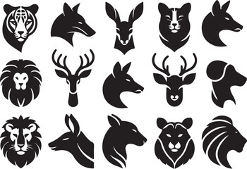 Obraz premium Collection of stylized animal head vector icons in silhouette for graphic design projects