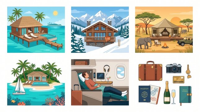 Travel images: resorts, chalets, safaris, in-flight comfort, & items