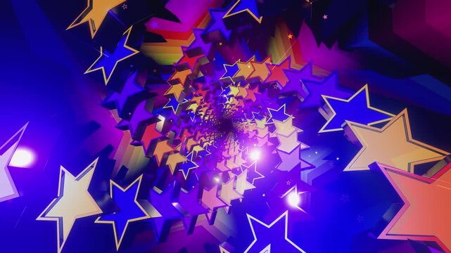 Seamless VJ loop with glowing neon stars spiral tunnel and psychedelic motion for high-tech club visuals, electronic music festivals, stage screens and for LED video walls