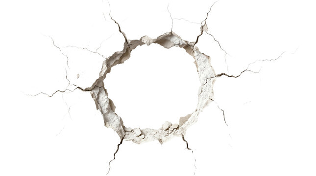 A circular hole with cracked edges on a concrete wall, revealing depth and destruction.