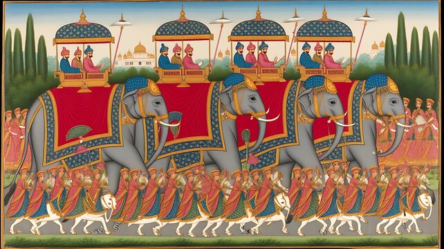Indian procession featuring a maharaja riding an elephant surrounded by servants holding umbrellas