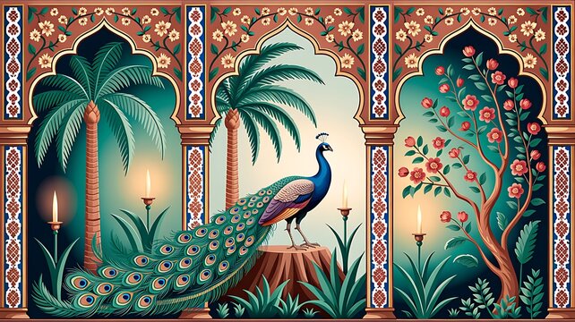Indian wedding invitation. Vector illustration of temple, arch with column, tropical plant, peacock, lantern, floral frame, border for greeting card, flyer, poster or background. Mughal pichwai garden