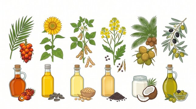 Palm, sunflower, soybean, rapeseed, coconut, and olive with their extracted oils