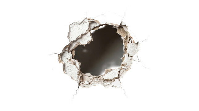 Circular breach in white plaster wall with dark interior cavity isolated on transparent background png.