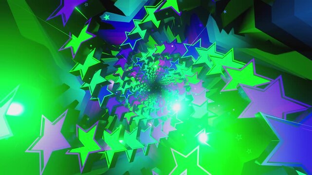 Seamless VJ loop with glowing neon stars spiral tunnel and psychedelic motion for high-tech club visuals, electronic music festivals, stage screens and for LED video walls