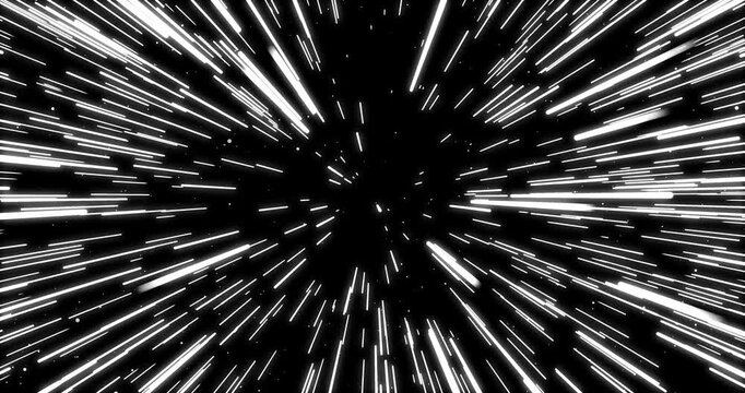 Black background filled with radiating white light streaks converging toward a central point, creating a dynamic hyperspace warp speed effect.