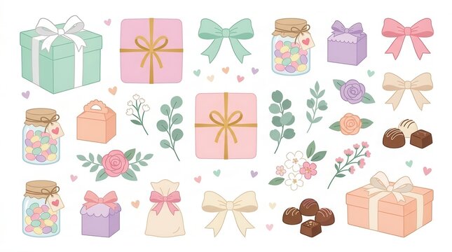 Pastel gift boxes, bows, candy jars, flowers & chocolates as decor