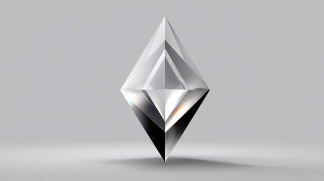 A geometric diamond shape crafted from glass reflects light and shadow against a plain gray background, showcasing modern design and elegant simplicity.