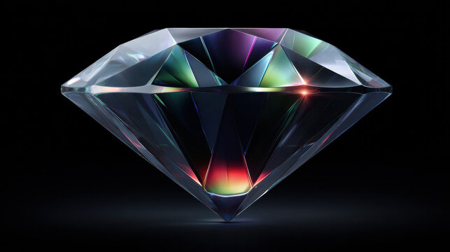 An exquisitely cut and polished diamond sparkles with iridescent colors, catching the light with its brilliant facets against a deep black background, showcasing beauty.